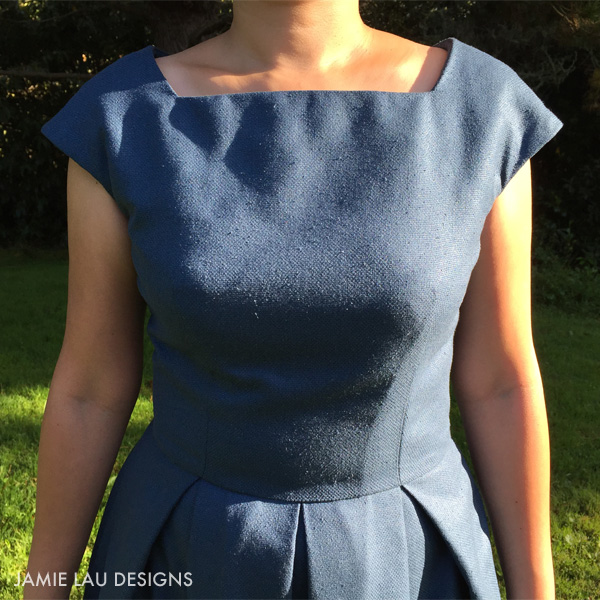 JLD Indigo Basketweave Raw Silk Cap Sleeve Pleated Dress 2