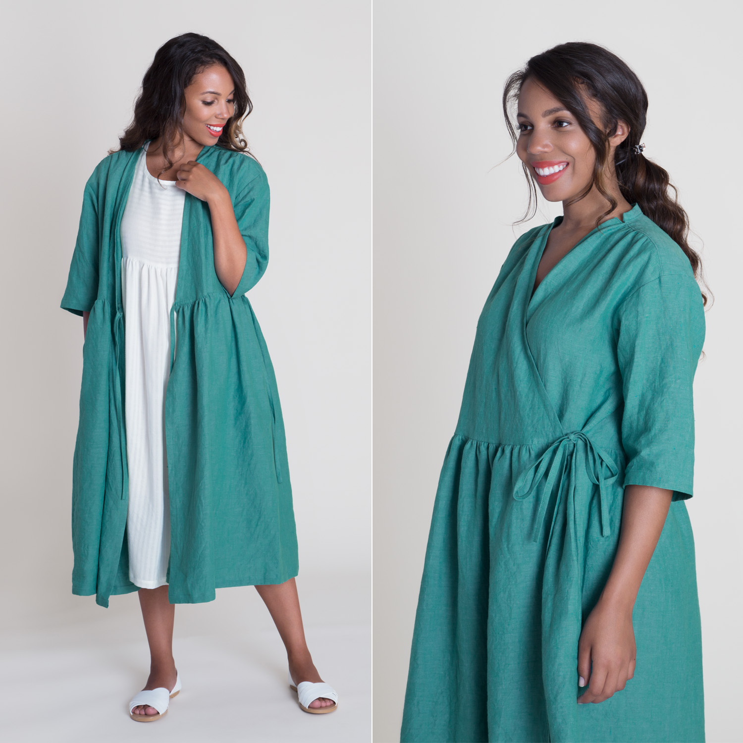 JLD Studio Sale: Turquoise Linen Wrap Dress/Coat 2