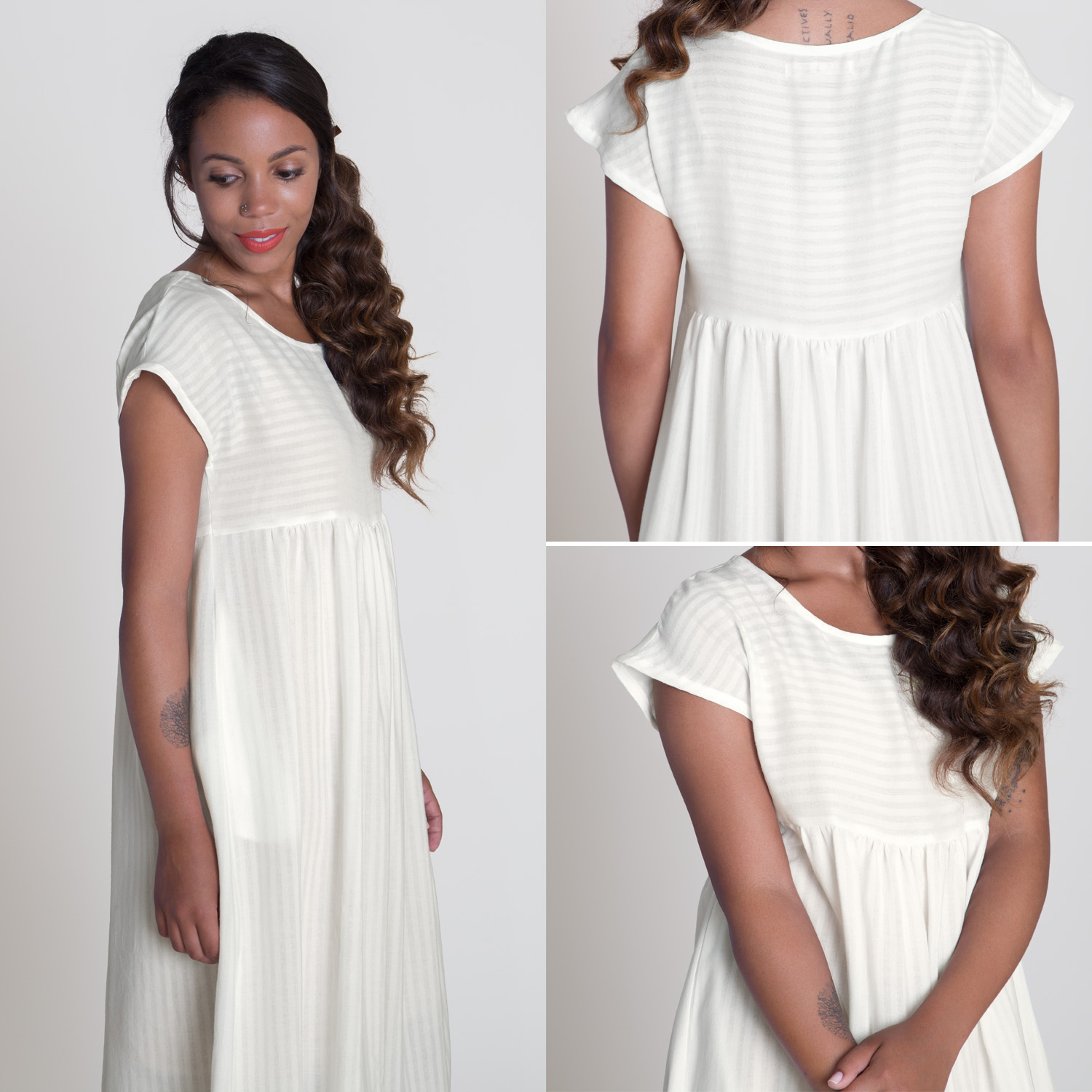 JLD Studio Sale: White Striped Linen Blend Midi Dress